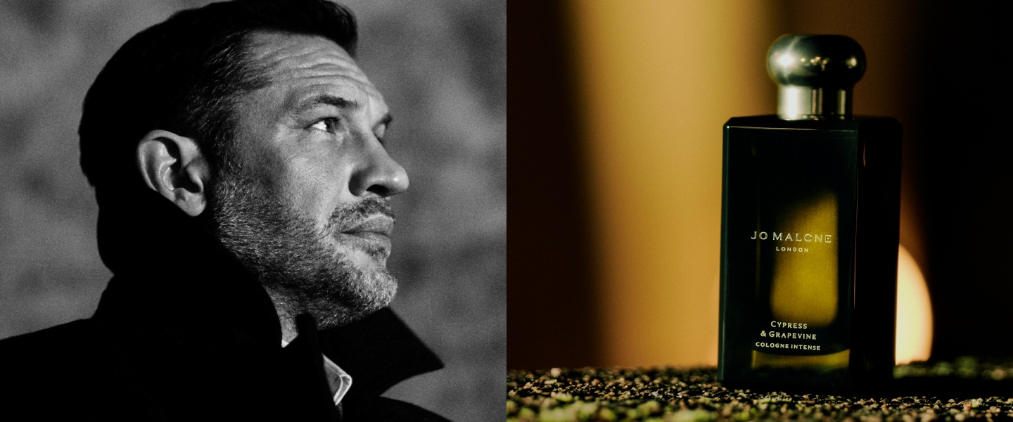 Two images; the left image, a monochrome side portrait of Tom Hardy. The right, Jo Malone London Cypress & Grapevine Cologne.